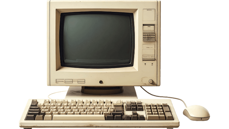 Vintage cream-colored CRT computer with keyboard and mouse